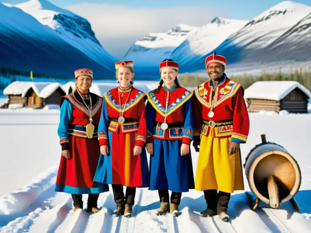 Un grupo de Sami viste su vibrante vestimenta tradicional frente a las montañas nevadas de Europa