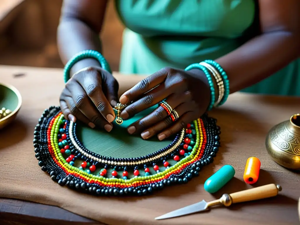 Un hábil artesano crea accesorios tribales en joyería contemporánea con técnicas tradicionales y coloridas cuentas en un taller iluminado