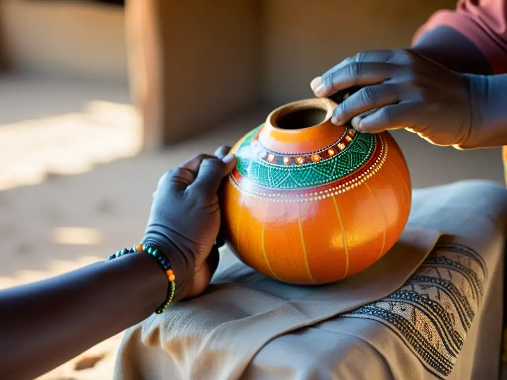 Un hábil artesano africano talla una calabaza naranja con destreza, en un escenario rural bañado por la cálida luz del sol