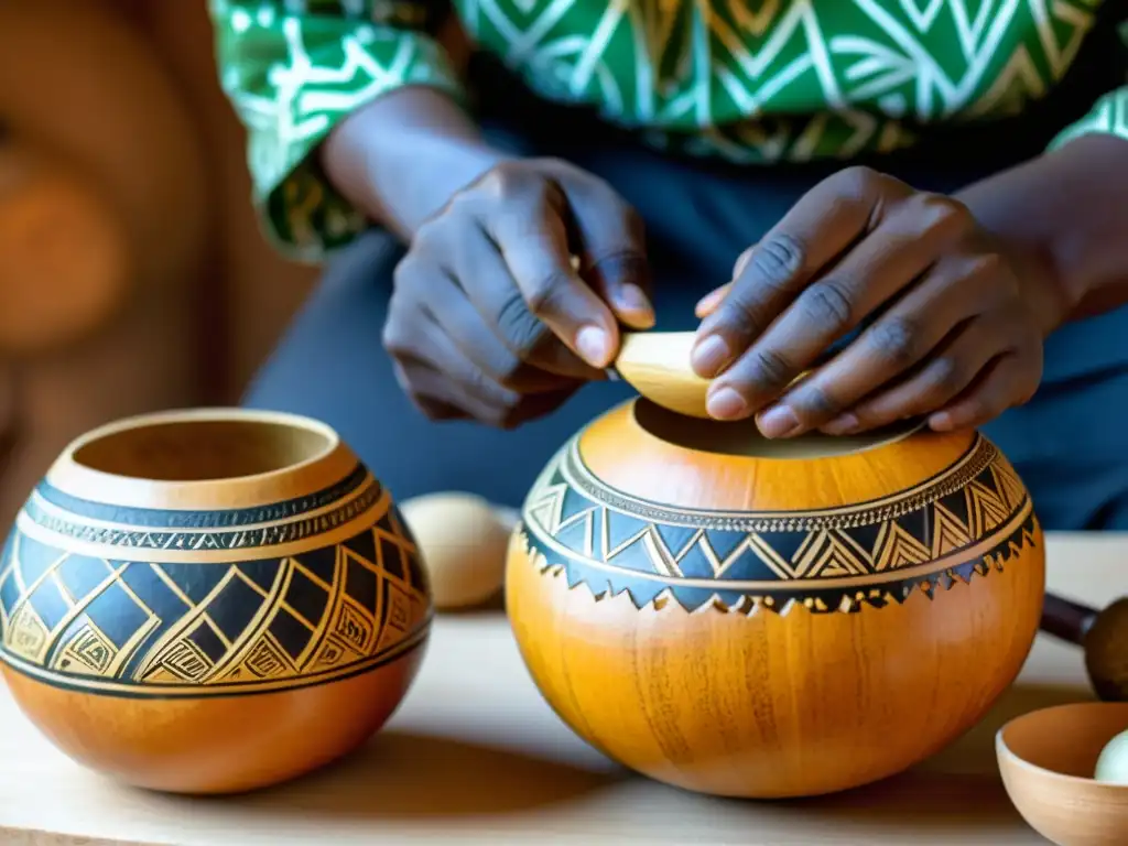 Un hábil artesano africano talla diseños intrincados en una calabaza seca, mostrando la artesanía de calabaza africana en un taller rústico