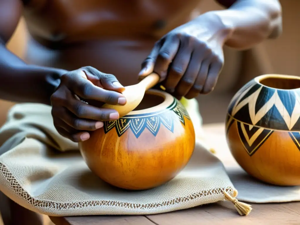 Un hábil artesano africano talla diseños intrincados en una calabaza, destacando la artesanía de calabaza africana