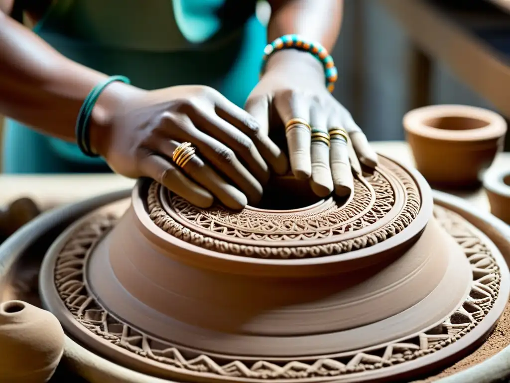 Artesano moldeando arcilla con destreza y pasión Un hábil artesano moldea arcilla húmeda en un taller de cerámica figurativa tradicional, con anillos y pulseras adornando sus manos