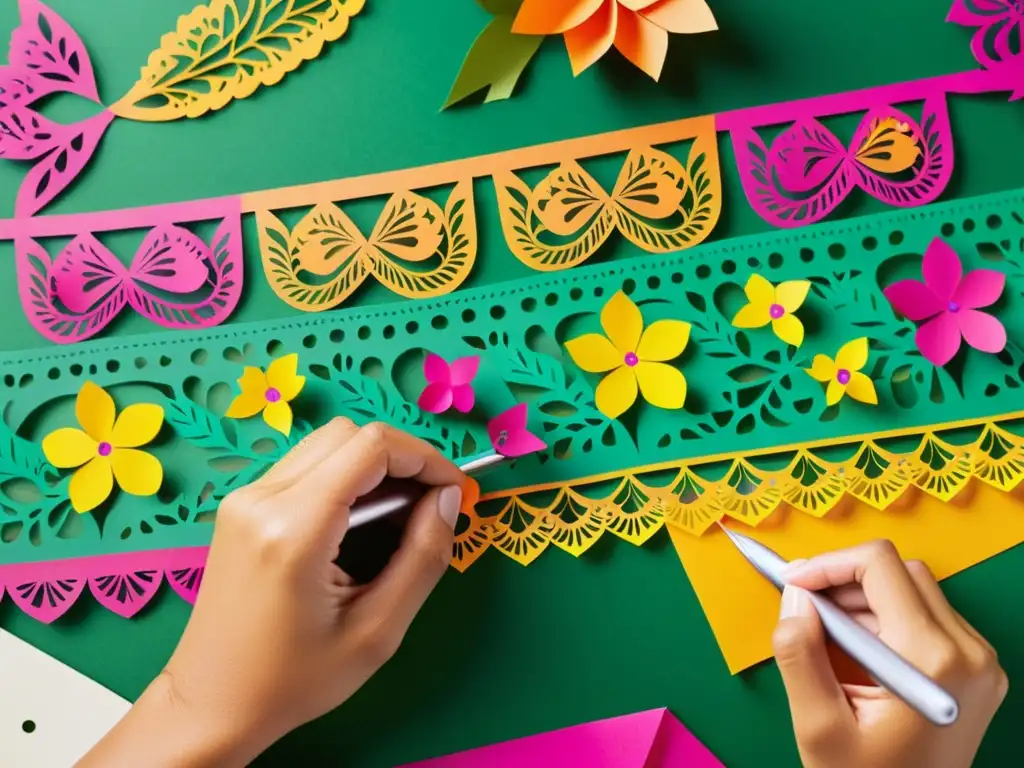 Un hábil artesano corta con precisión el papel picado, destacando los detallados diseños