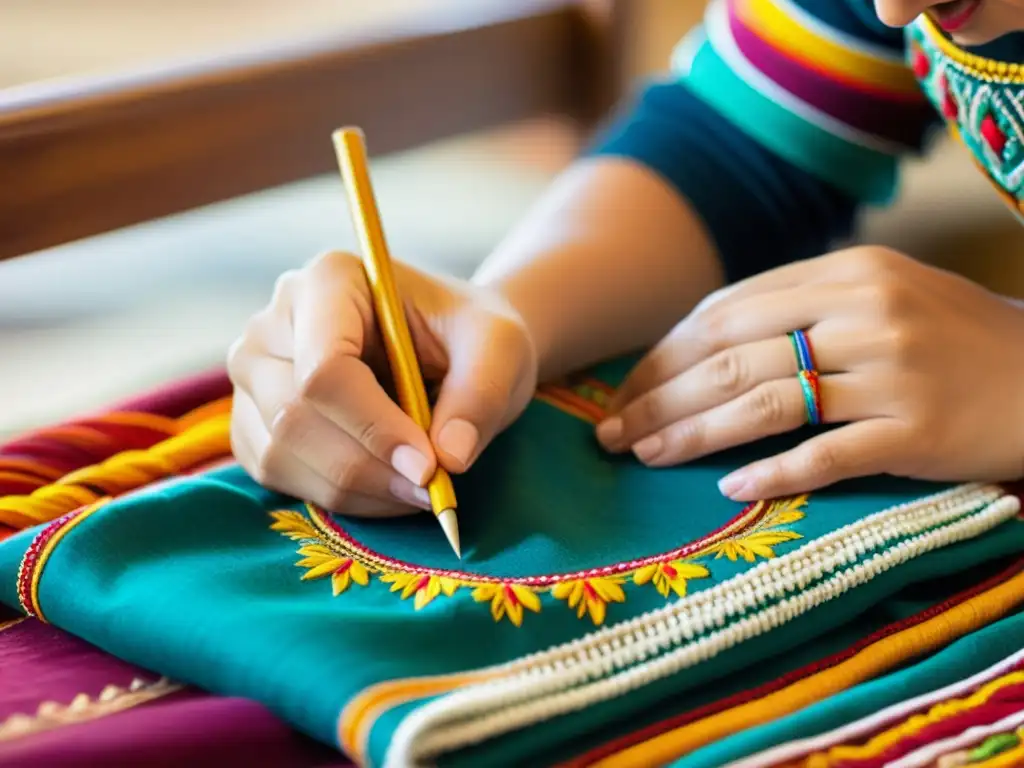 Un hábil artesano borda con cuidado un patrón culturalmente significativo en una tela