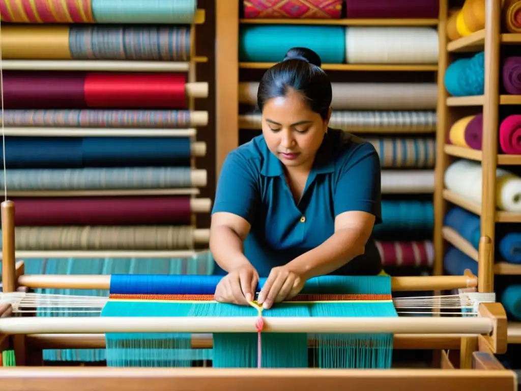 Un hábil artesano del Pacífico teje con cuidado textiles tradicionales, en un ambiente lleno de color y tradición