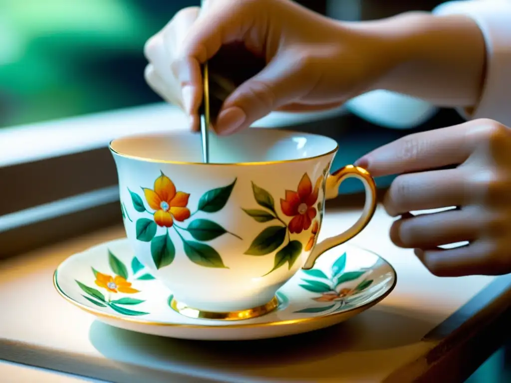 Un hábil artesano pinta delicados patrones florales en una fina taza de porcelana de Limoges en un taller tradicional