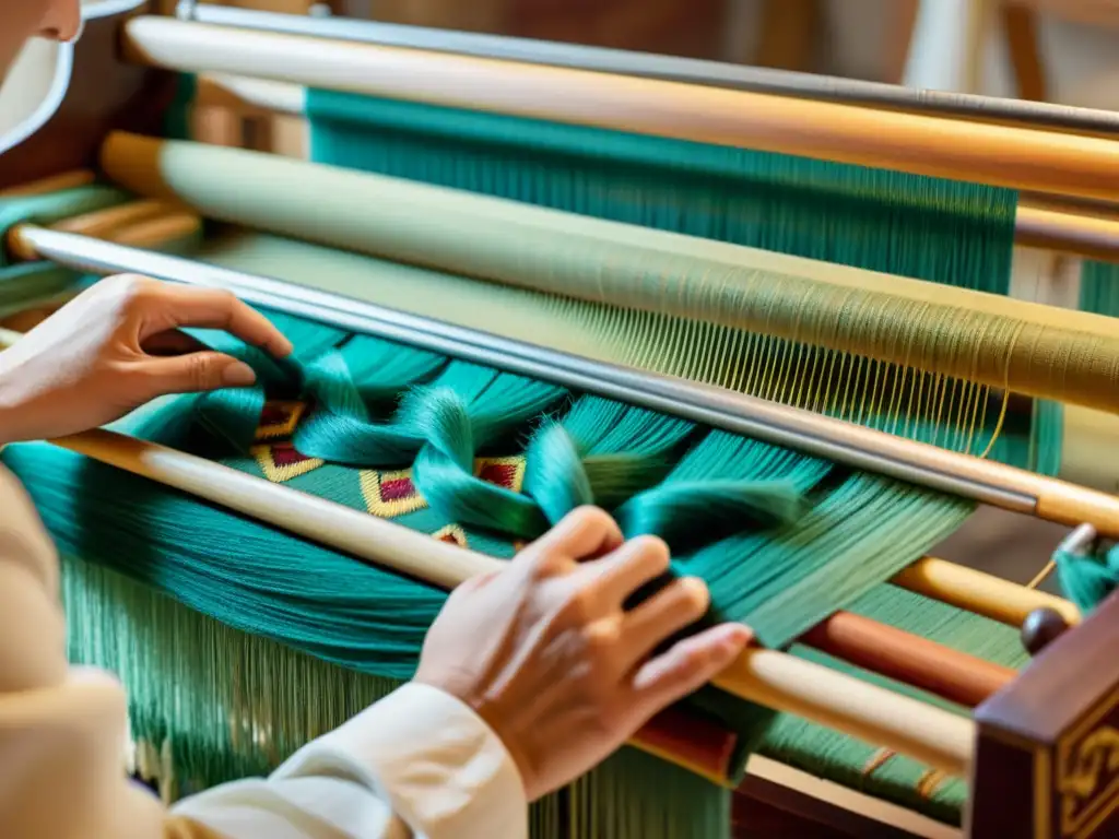 Un hábil artesano teje con destreza un tapiz de Aubusson, historia tejida con lana vibrante en un telar tradicional