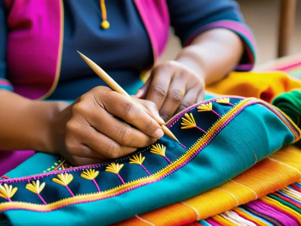 Un hábil artesano en Ayacucho, Perú, borda meticulosamente un diseño tradicional con hilos vibrantes, capturando mitos y leyendas en un hermoso textil