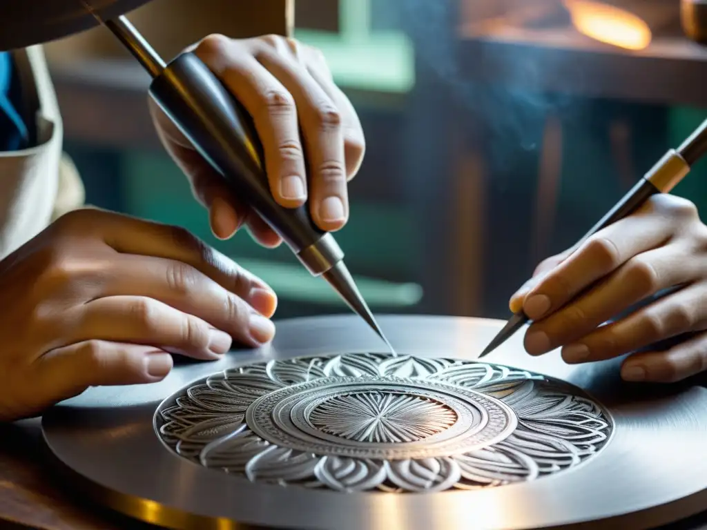 Artesano experto grabando metal con precisión Un hábil artesano graba meticulosamente diseños en una placa de metal, iluminado por una cálida luz natural