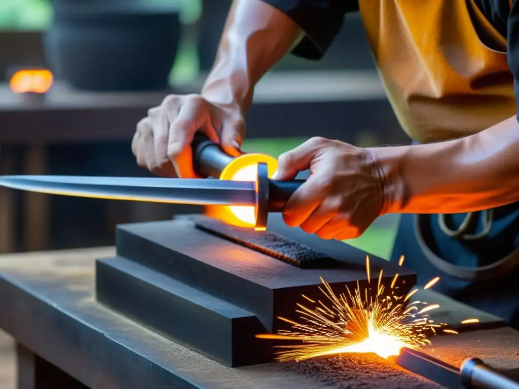 Un hábil artesano forja una espada samurái, con destreza y pasión en su taller iluminado por el resplandor anaranjado de la fragua