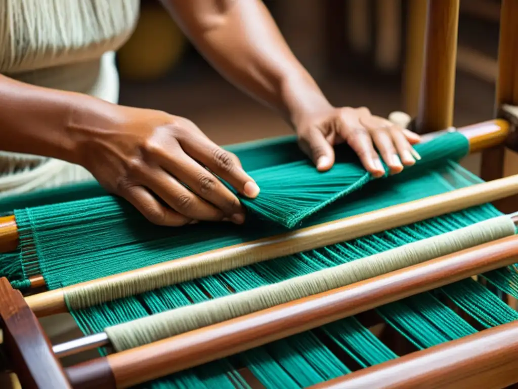 Un hábil artesano filipino teje con destreza fibras de abacá en un telar de madera, reflejando la tradición cultural de los tejidos abacá en Filipinas