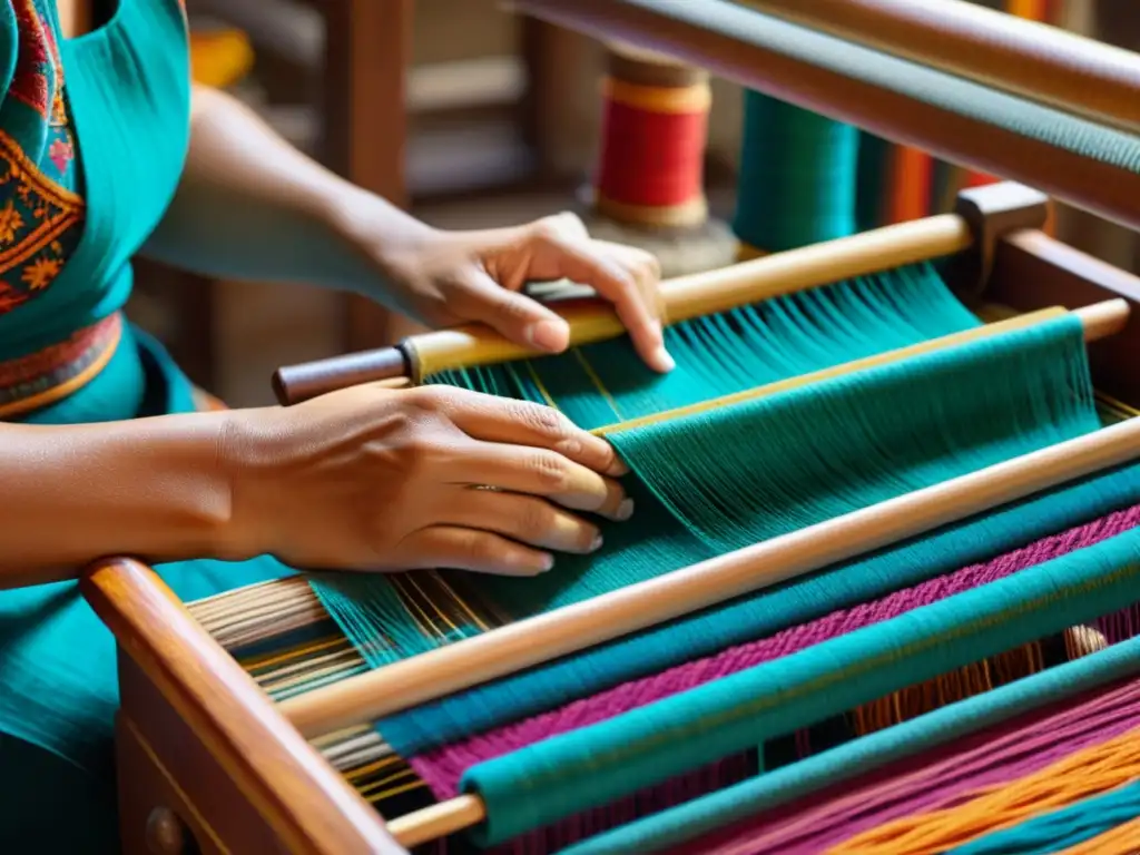 Un hábil artesano teje meticulosamente hilos coloridos en un telar tradicional, rodeado de textiles vibrantes y patrones intrincados