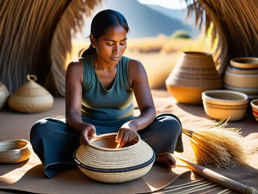 Un hábil artesano indígena teje cestería tradicional con precisión en un taller al aire libre, rodeado de fibras naturales y hierbas secas