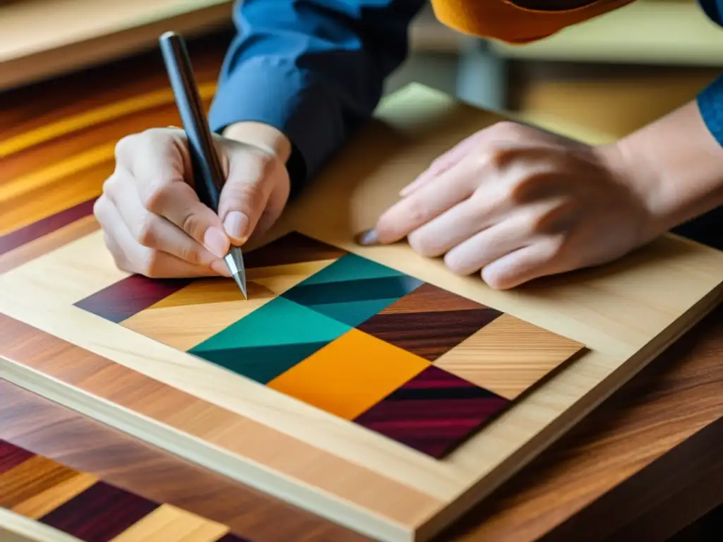 Un hábil artesano crea un intrincado diseño de marquetería con finas láminas de madera, destacando las técnicas de marquetería en madera