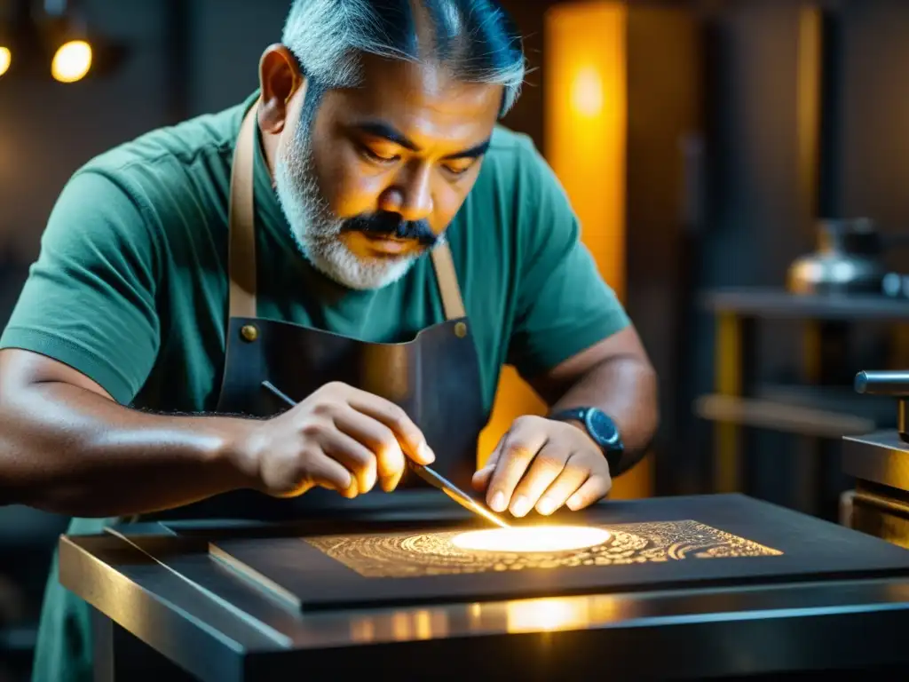 Arte en Metal: Artesano grabando con precisión Un hábil artesano graba intrincados diseños en una placa de metal en su taller iluminado