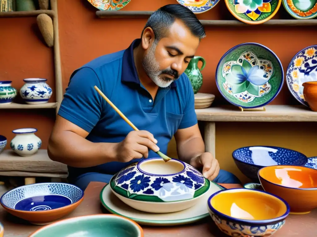 Un hábil artesano pinta intrincados diseños florales en cerámica de Talavera, rodeado de coloridas piezas y herramientas