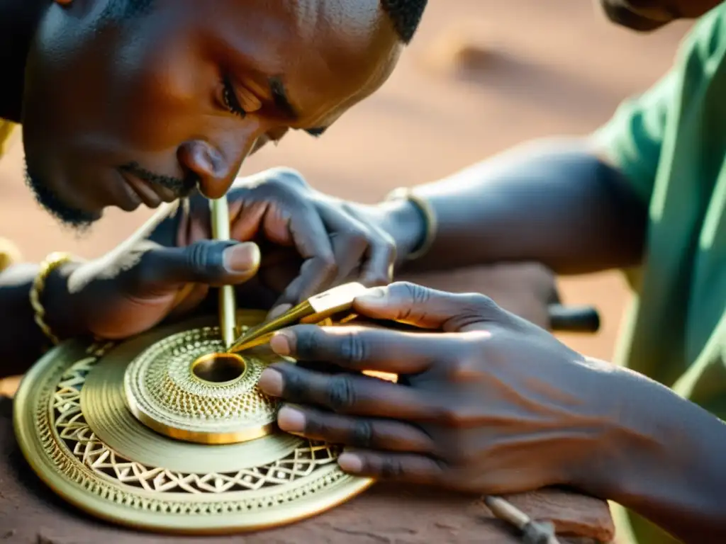 Un hábil artesano burkinabé crea meticulosamente una joya de oro tradicional, mostrando la orfebrería tradicional en Burkina Faso