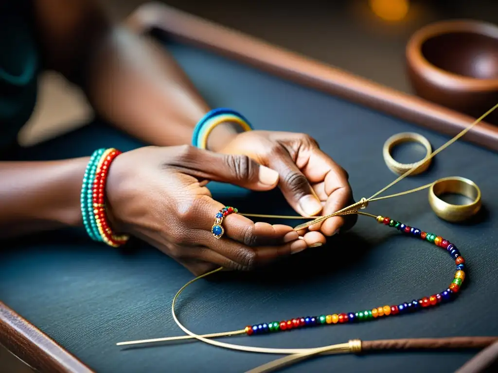 Un hábil artesano crea una joya tradicional con abalorios en su taller rústico