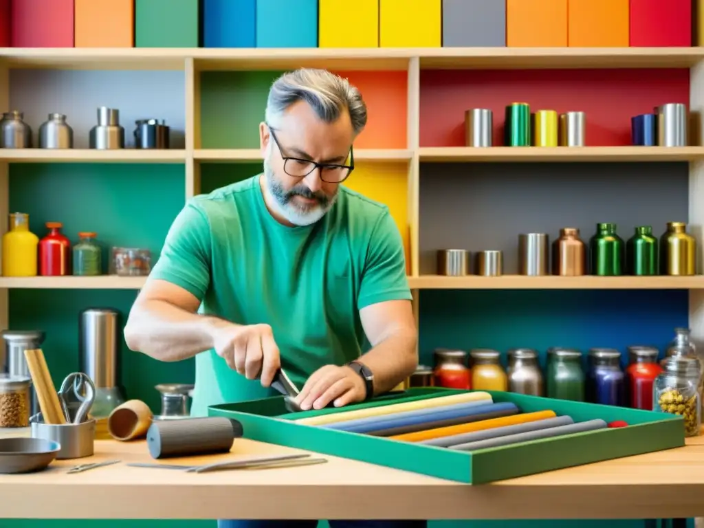 Un hábil artesano crea una obra única con materiales reciclados en un estudio luminoso, rodeado de creaciones coloridas y diversas