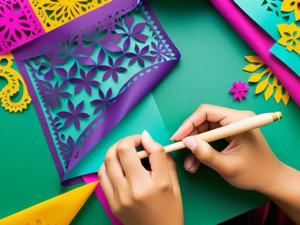 Un hábil artesano corta meticulosamente papel picado en un taller artesanal, evocando tradición, artesanía y creatividad vibrante