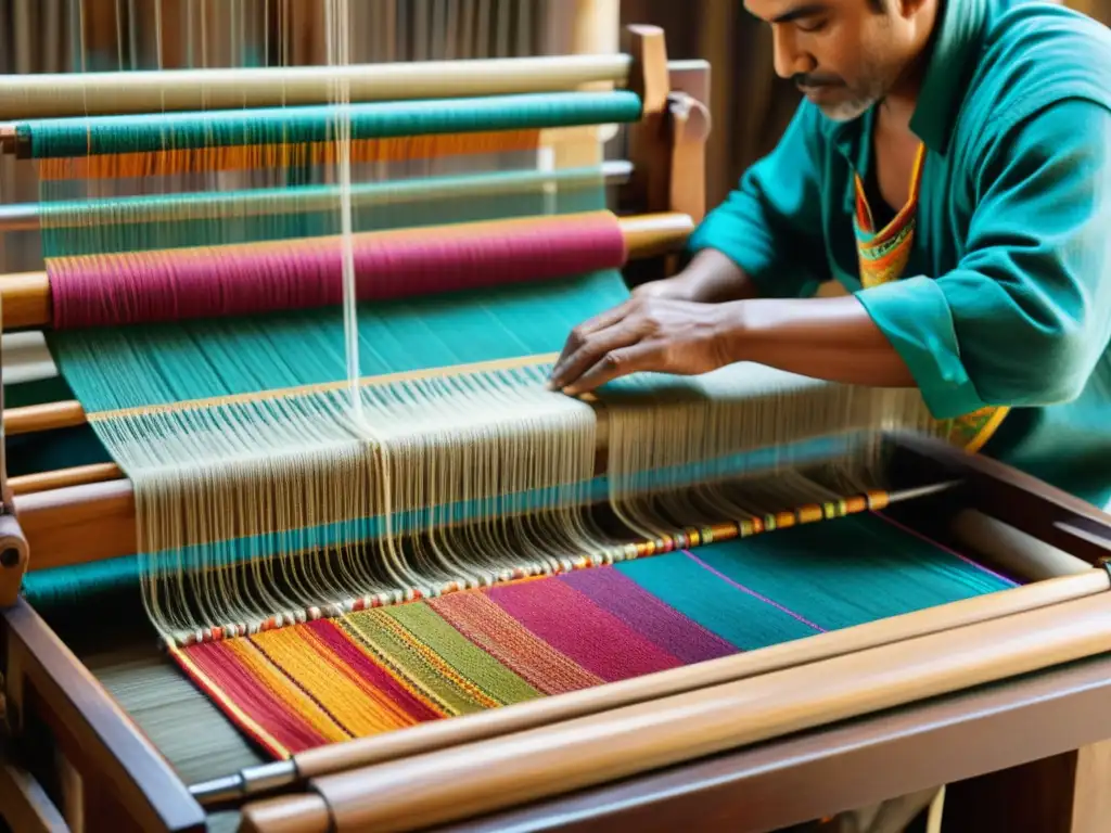 Un hábil artesano teje patrones vibrantes en un telar, honrando culturas textiles