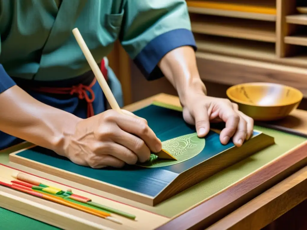 Un hábil artesano talla con precisión un grabado en madera, destacando la artesanía tradicional japonesa y la colaboración con marcas de moda étnica