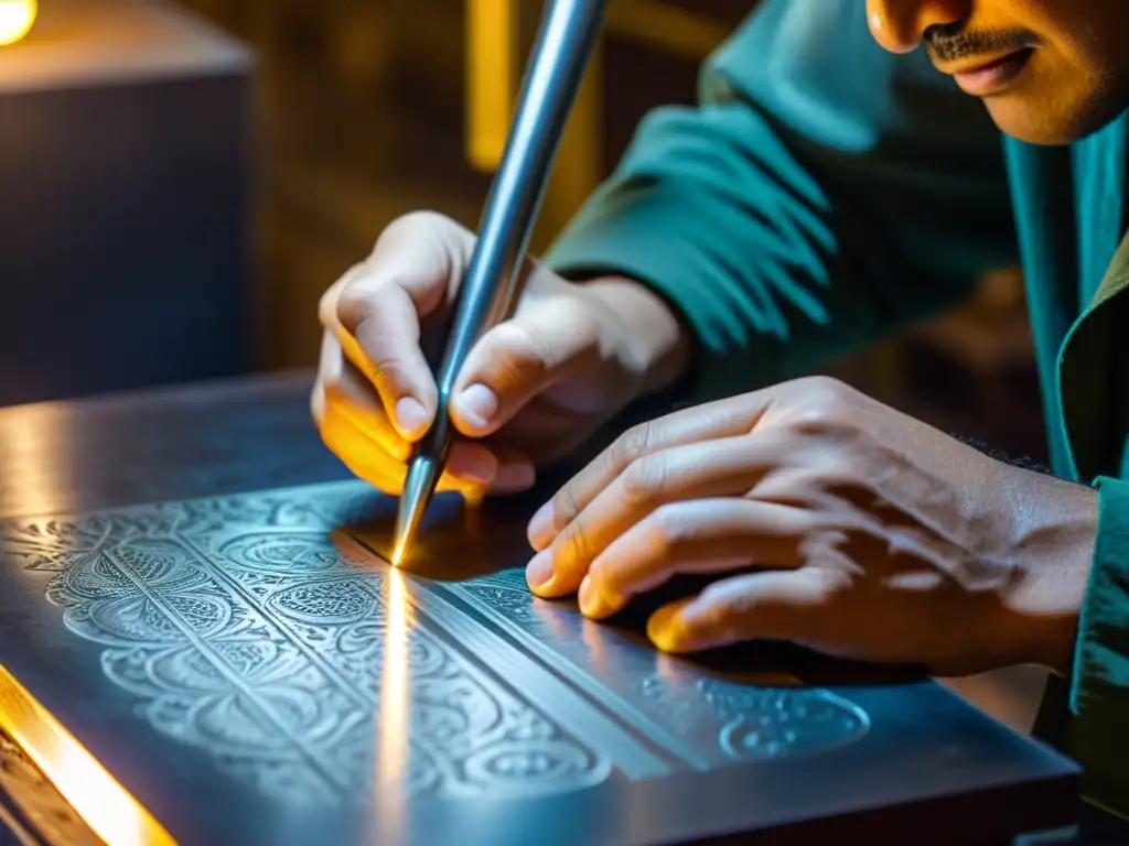 Artesano grabando metal con precisión Un hábil artesano graba con precisión una placa de metal, destacando las técnicas de grabado en metal