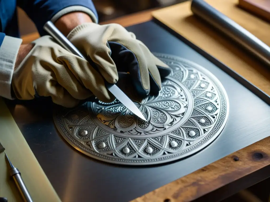 Artesano experto grabando metal con precisión Un hábil artesano graba con precisión una placa de metal, rodeado de herramientas de grabado