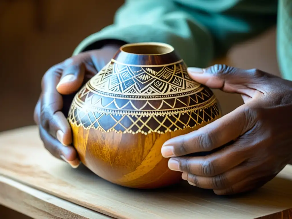 Un hábil artesano talla intrincados patrones en una calabaza seca, destacando la artesanía de calabaza africana con destreza y herencia cultural