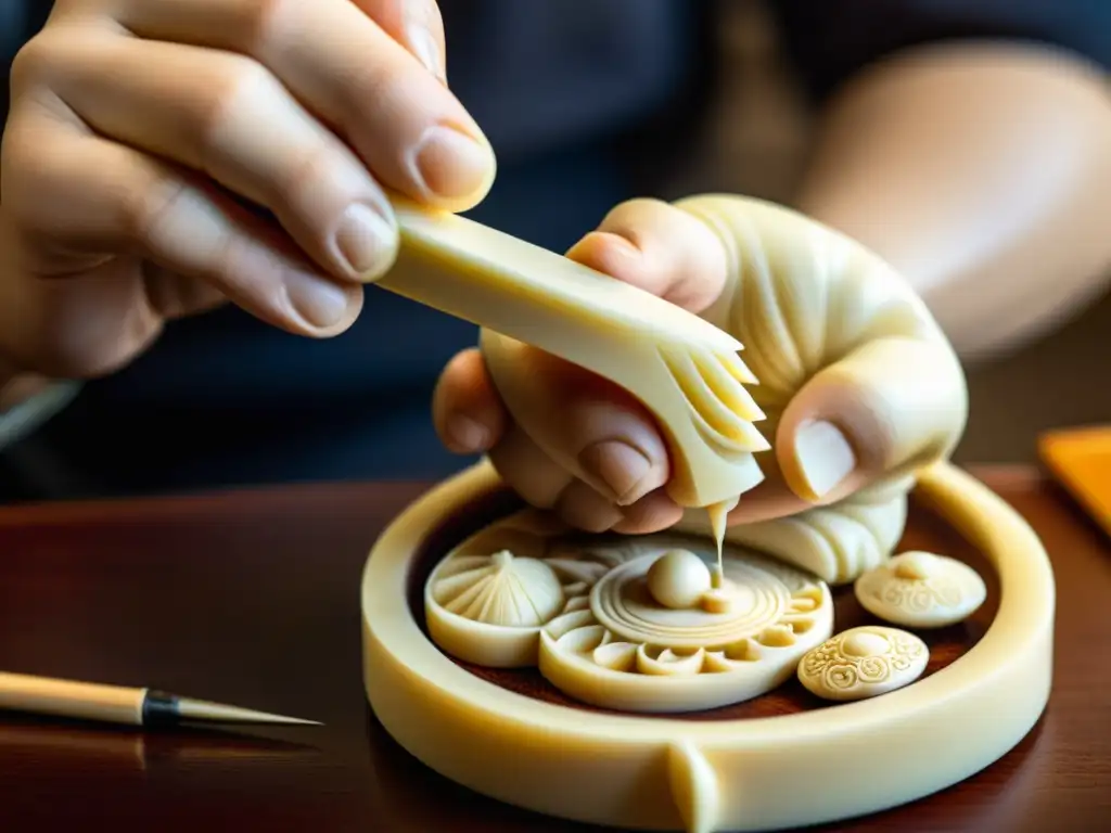 Un hábil artesano talla con precisión una delicada escultura netsuke de marfil, destacando la meticulosa artesanía