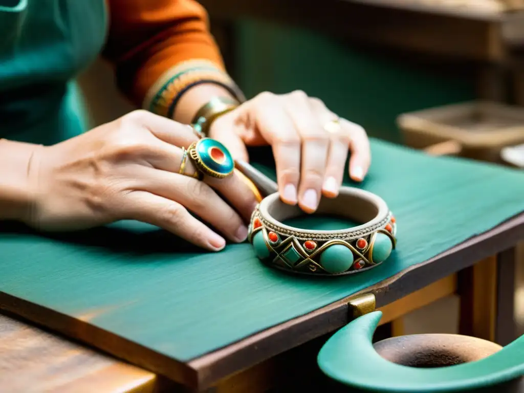 Un hábil artesano conserva técnicas milenarias al crear joyería con diseños vibrantes y coloridos, en un taller cálido y auténtico