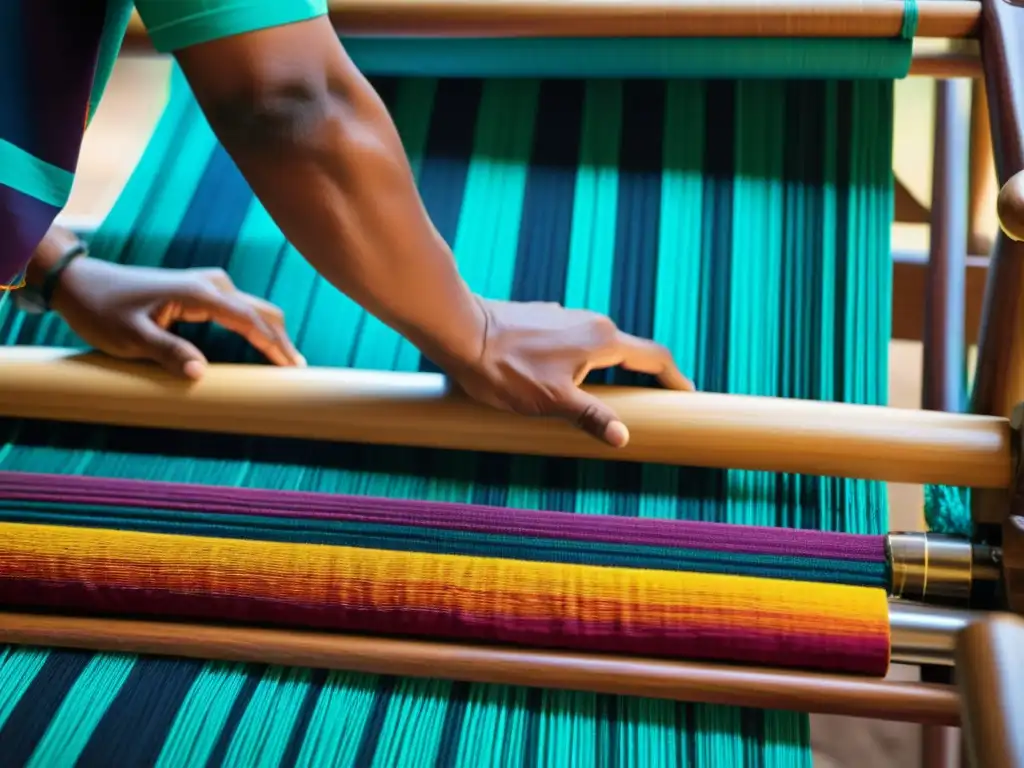 Un hábil artesano teje con maestría una tela exótica en ceremonias y festivales, mostrando la rica herencia cultural