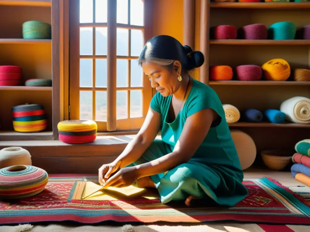 Un hábil artesano borda con maestría una tela tradicional en una escena llena de color y tradición