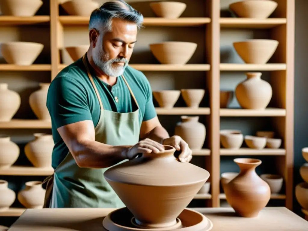 Un hábil artista ceramista moldea con destreza un hermoso jarrón de arcilla en su estudio soleado