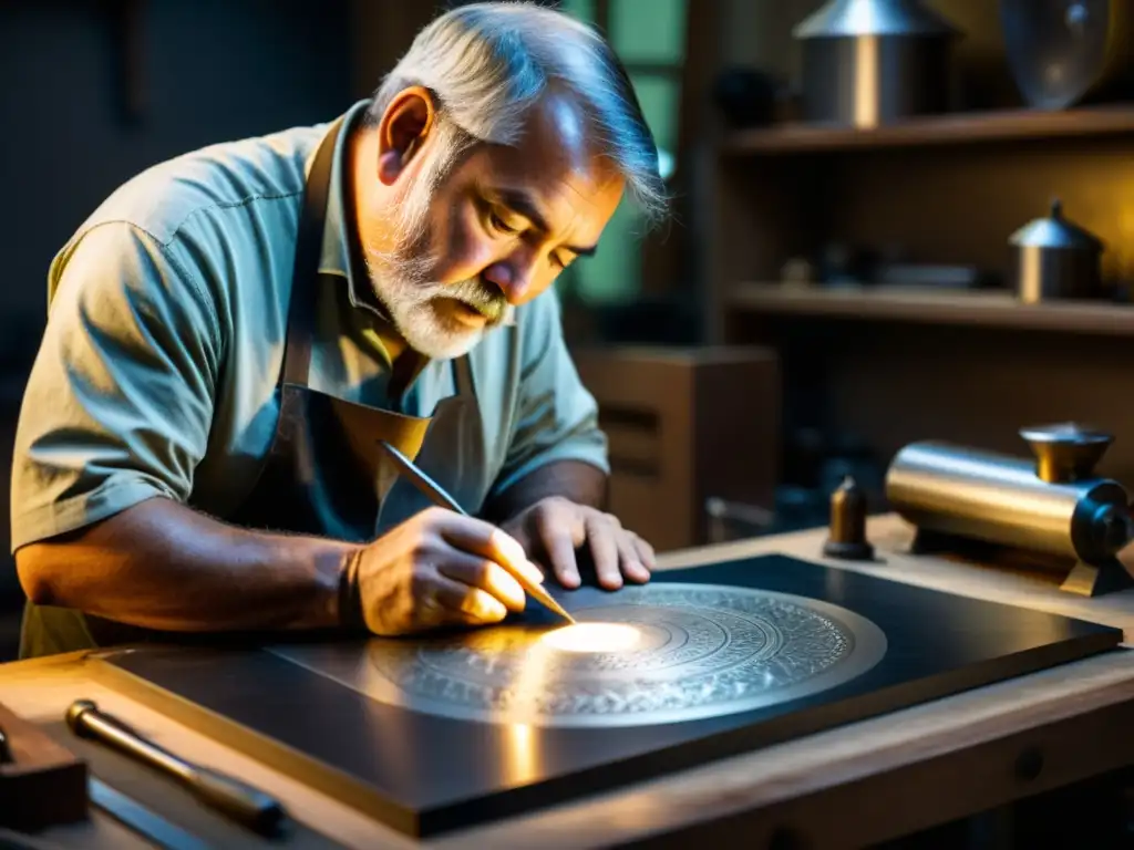 Artesano meticuloso grabando metal Un hábil artista graba meticulosamente detalles en una placa de metal en su estudio
