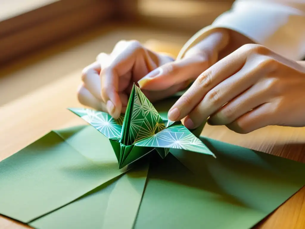 Un hábil artista del origami japonés plegando con precisión una grulla de papel