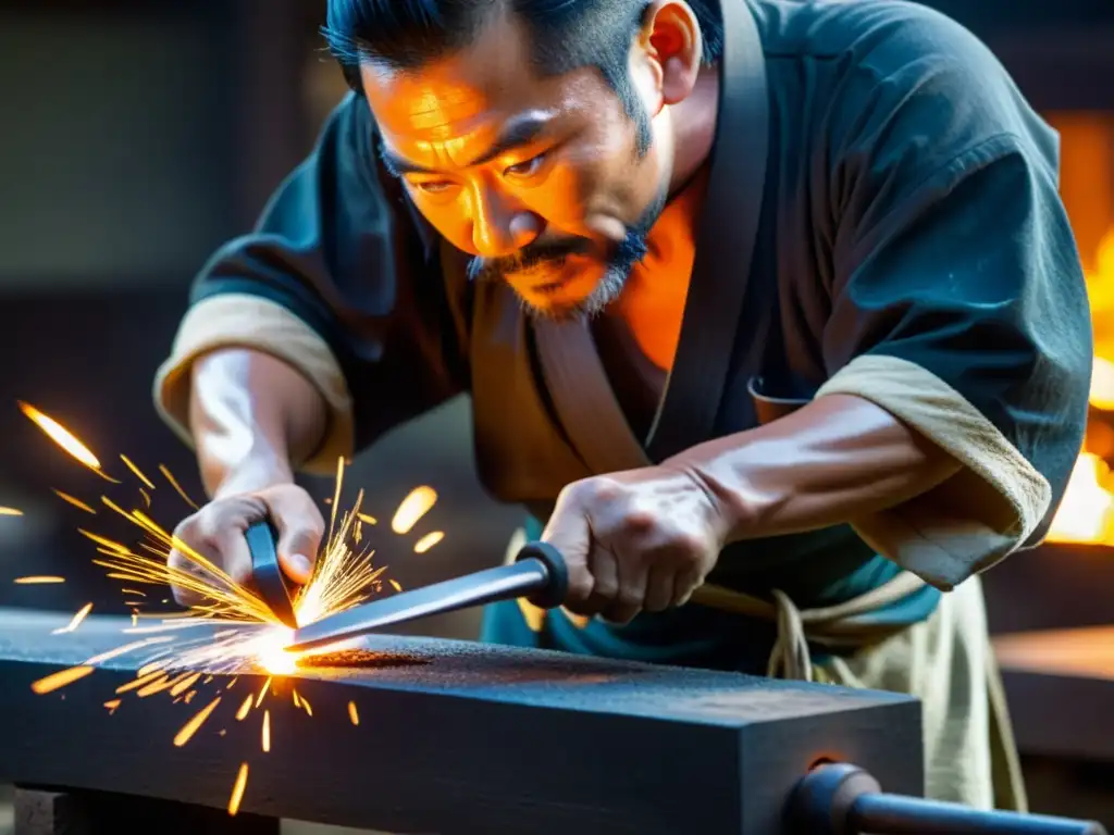 Un hábil herrero japonés forja con pasión una espada samurái, mostrando el arte de forjar espadas samurái con tradición y maestría