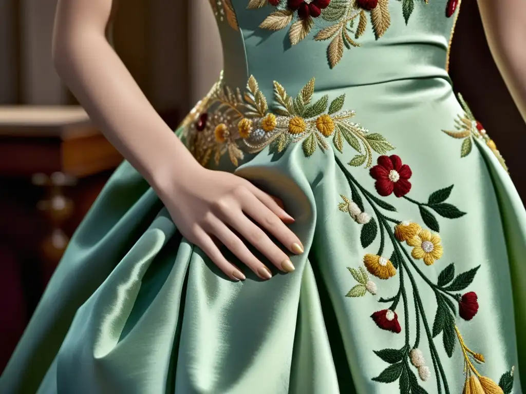 Bordado artesanal en alta costura: delicadeza y maestría en seda Un hábil couturier borda patrones florales en un exquisito vestido de seda, mostrando técnicas ancestrales alta costura