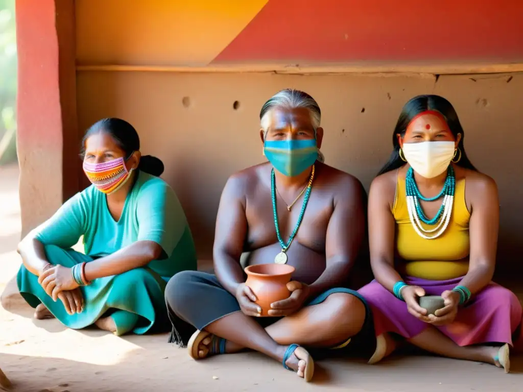 Hábiles artesanos indígenas creando máscaras en un taller al aire libre, rodeados de textiles y cerámica tradicional