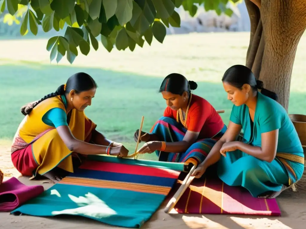 Hábiles artesanos en moda étnica tejen textiles bajo un árbol, mostrando destreza y tradición en comunidad rural