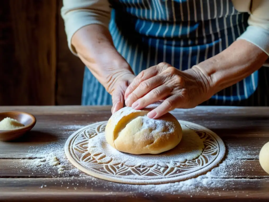 Las hábiles manos de una anciana amasan masa en una mesa de madera, evocando recetas ancestrales y patrimonio cultural