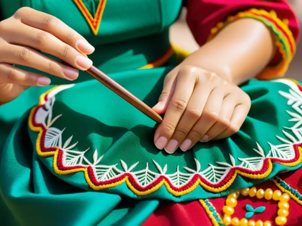 Las hábiles manos de un artesano bordando un atuendo tradicional de las Islas Canarias, mostrando la rica herencia cultural y la artesanía detallada