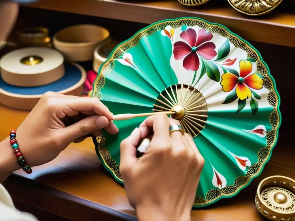 Las hábiles manos de un artesano pintan diseños florales en un abanico de Sevilla, mostrando la tradición y técnica