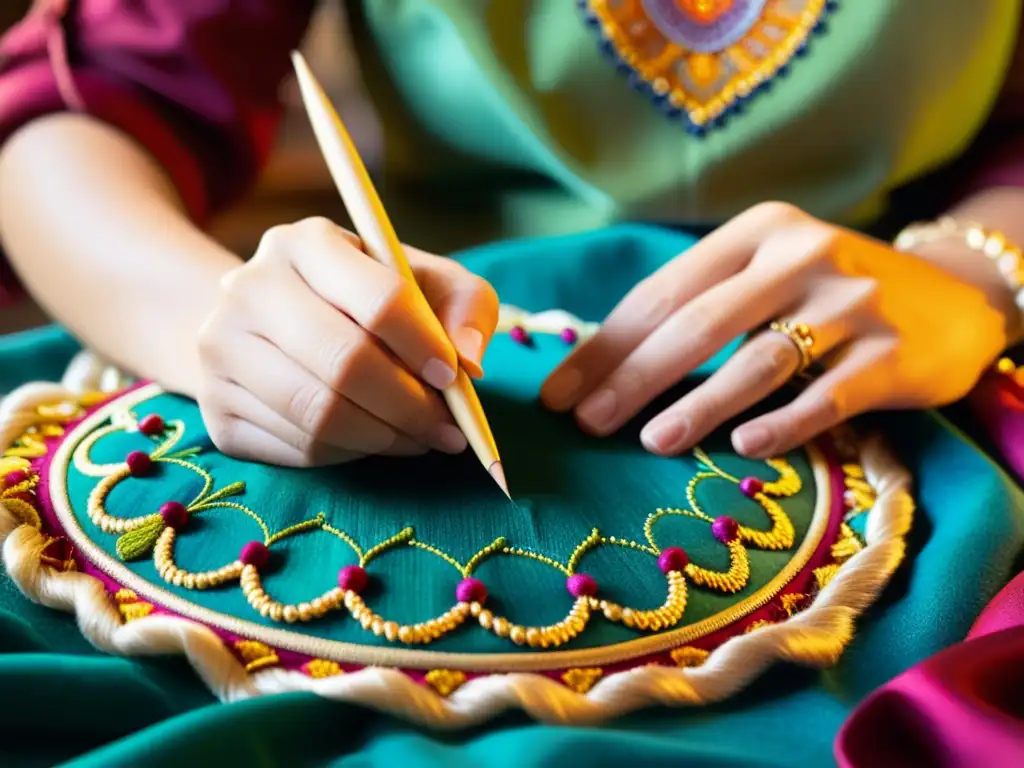 Las hábiles manos de un artesano bordando patrones tradicionales en tela vibrante, rodeado de hilos y textiles coloridos