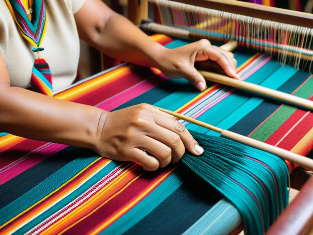 Las hábiles manos de un artesano tejen patrones vibrantes en un telar Andino, mostrando la rica tradición textil