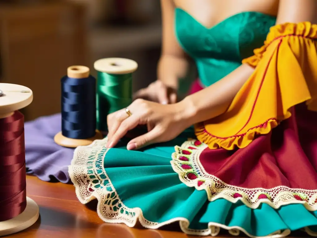 Las hábiles manos del artesano cosen patrones florales en vibrante tela, con hilos de colores y encajes