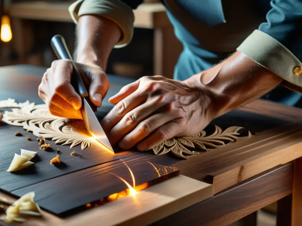 Las hábiles manos del artesano esculpen patrones en una mesa de madera oscura, con virutas flotando en el aire