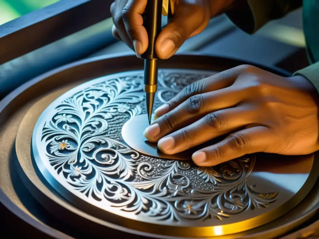 Artesano experto grabando diseños en metal con precisión Las hábiles manos de un artesano graban con precisión en una placa de metal, destacando las técnicas de grabado en metal