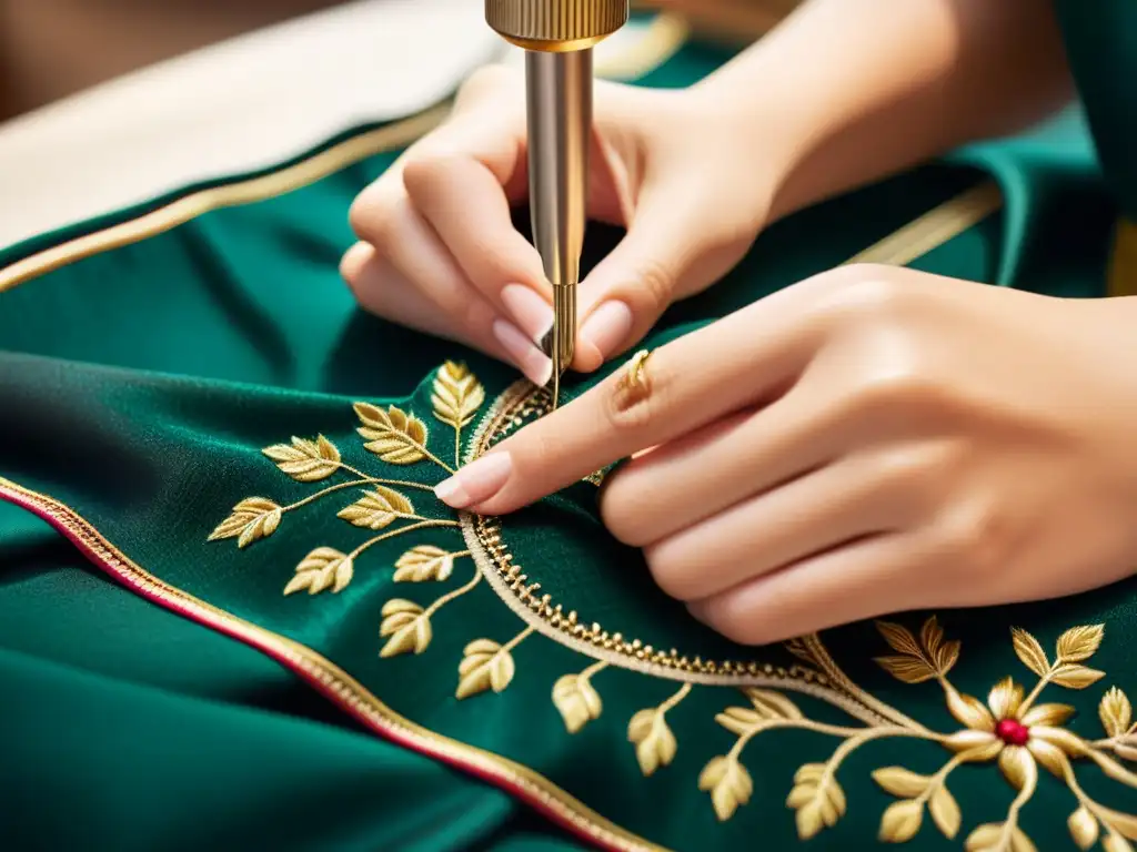 Arte ancestral: bordado de lujo con precisión Las hábiles manos de un artesano bordando con precisión en lujosa tela, destacando las técnicas ancestrales alta costura