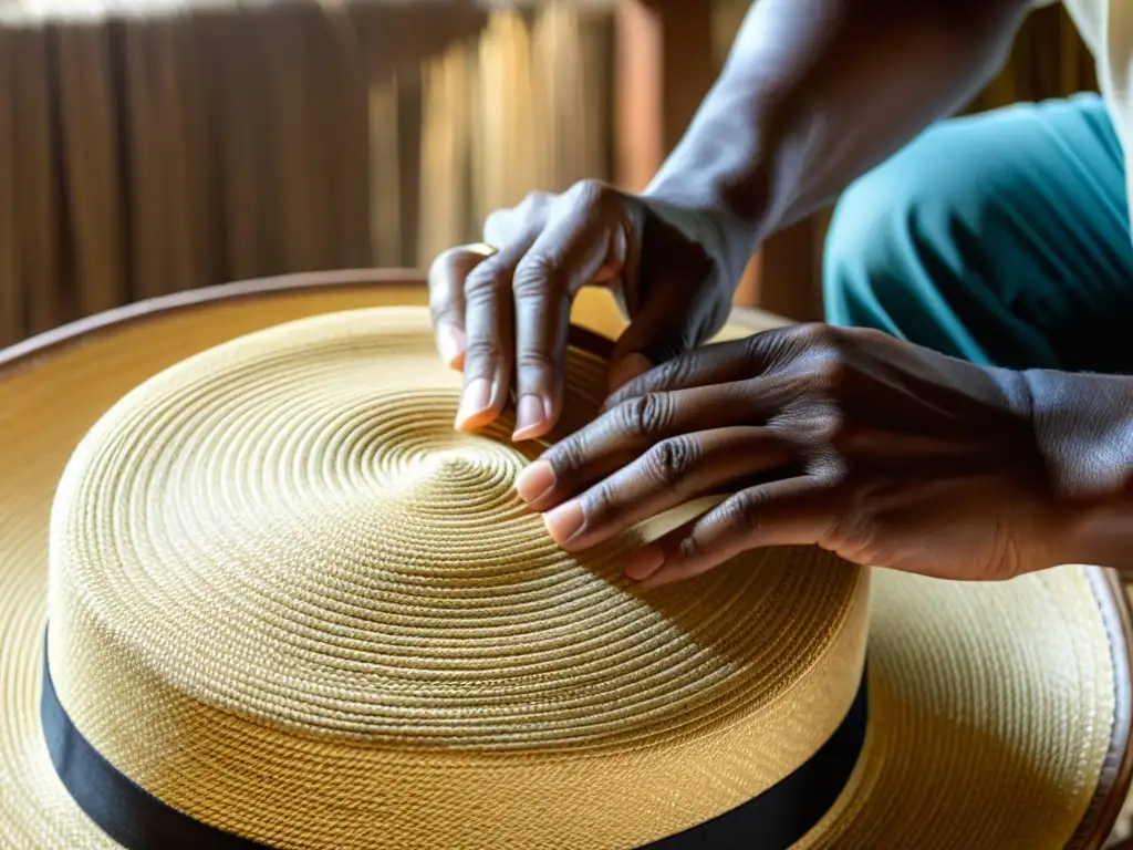 Las hábiles manos del artesano tejen con precisión el fino sombrero de paja toquilla